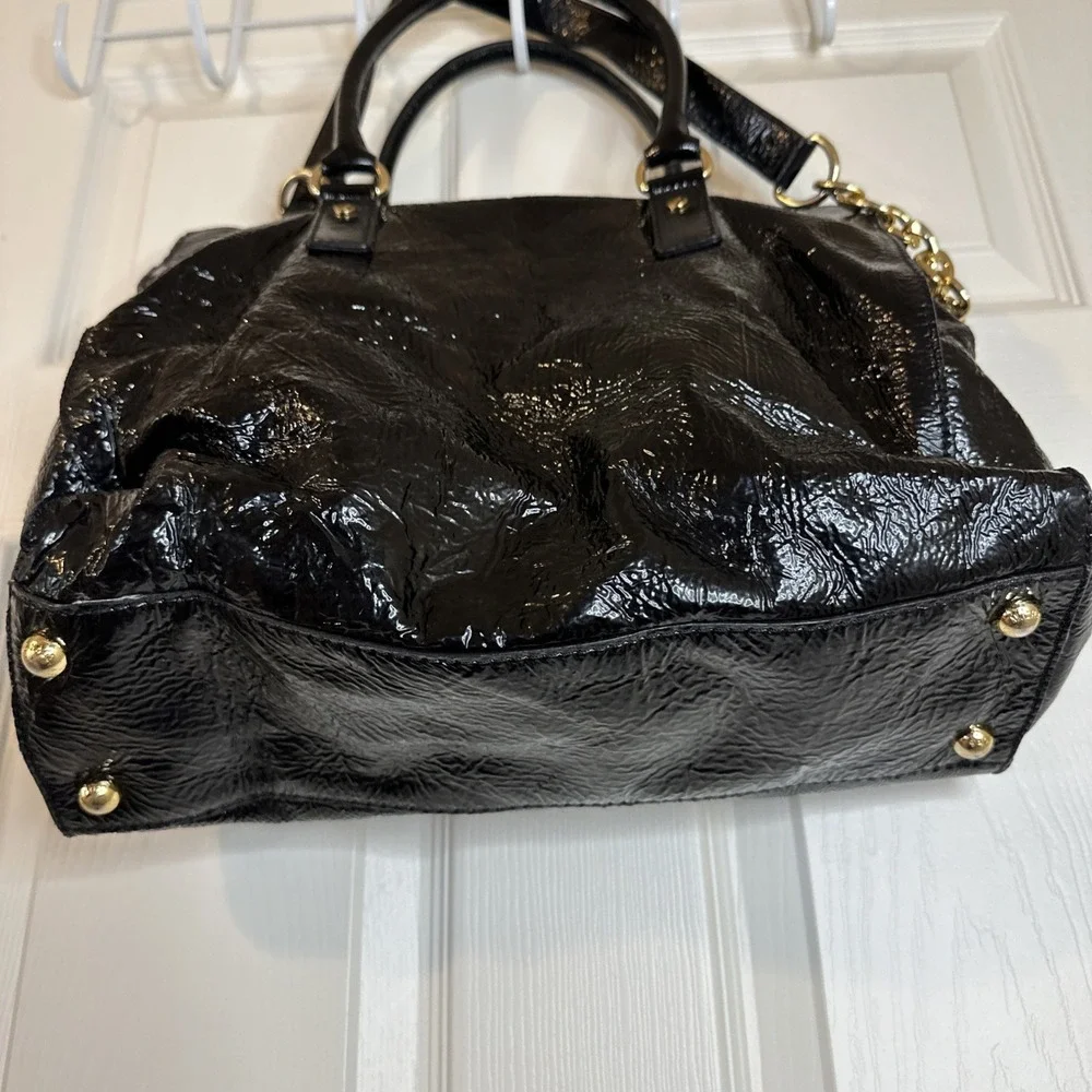 Michael Kors Black Large Satchel Top Handle Lock Chain Strap Gold Hardware